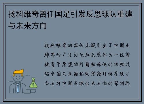扬科维奇离任国足引发反思球队重建与未来方向