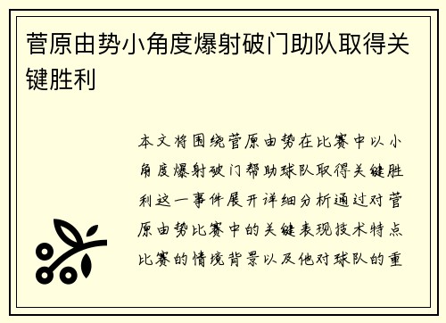 菅原由势小角度爆射破门助队取得关键胜利
